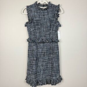 Aura Dress Women Small Tweed Sheath Sleeveless Fringe Blue Black Academia Office